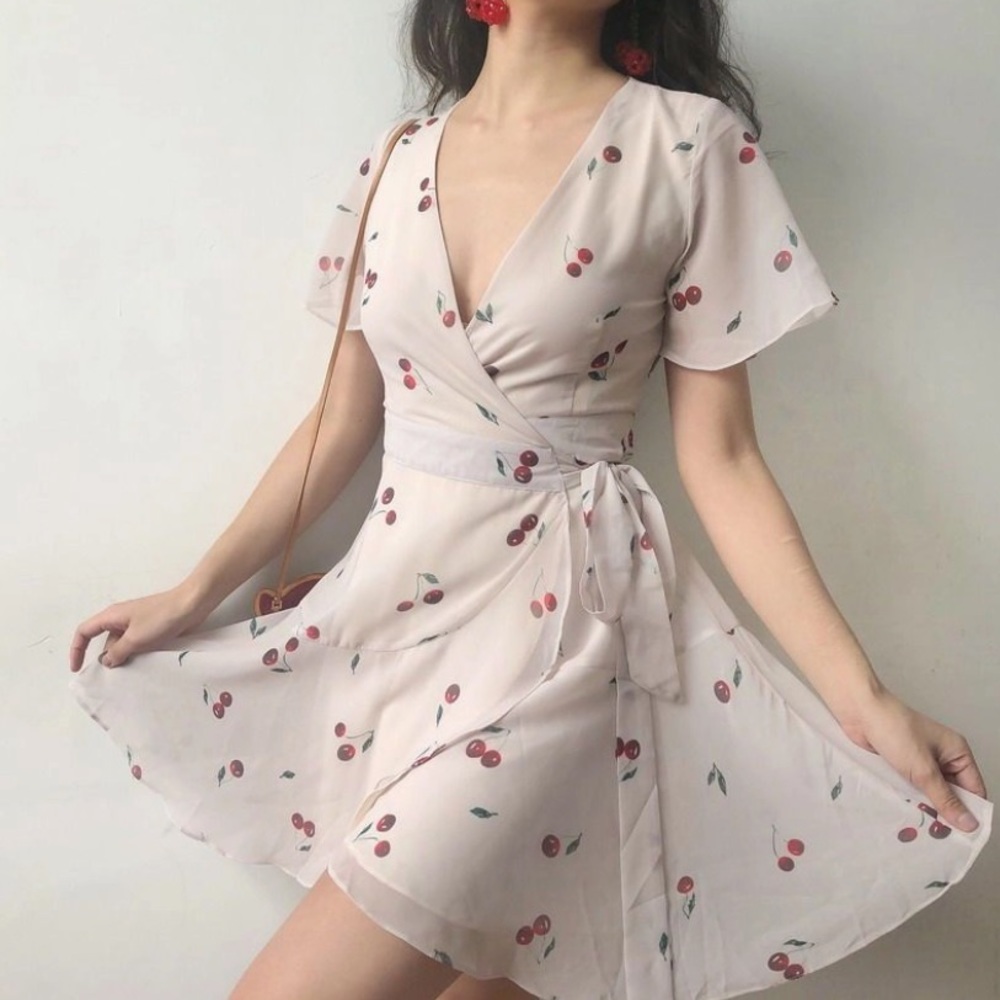 Cherry Print Flowy Wrap Dress